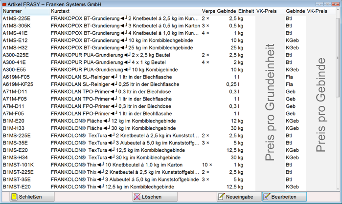 Die Preisliste der FRANKEN-Systems GmbH