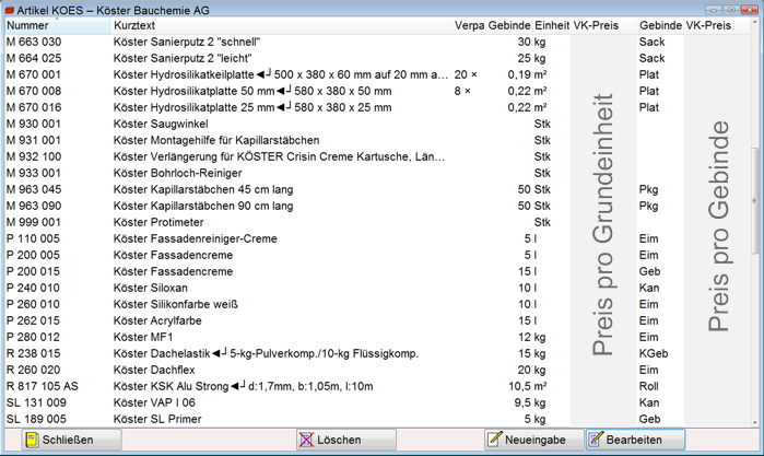 Die Preisliste der Köster Bauchemie AG